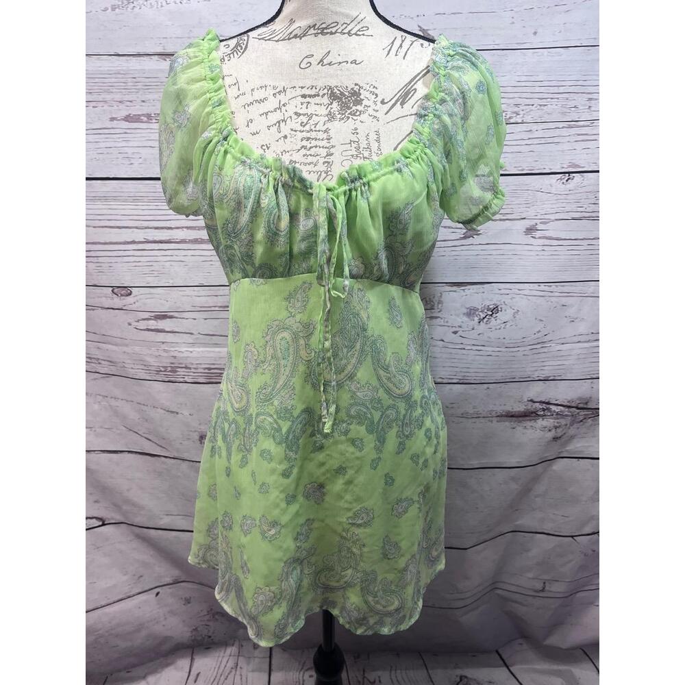 Urban Outfitters Green Paisley Peasant‎ Dress Medium Short Puff Sleeve Tie